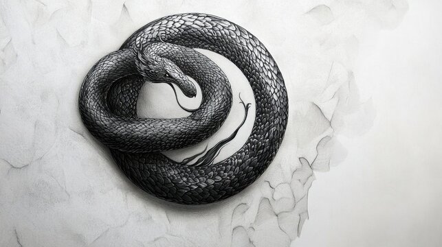Black line tattoo of a serpent coiled in a circle, bold and intricate against a smooth white backdrop.