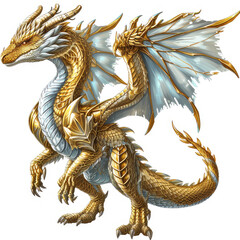 Fototapeta premium A majestic golden dragon with intricate scales and large wings isolated on white background, exuding power and elegance.