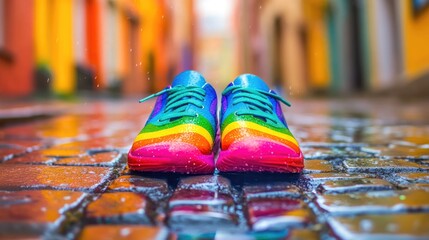 Colorful sneakers on vibrant cobblestone street