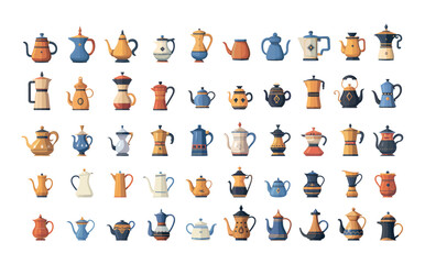 Coffee pots jugs cartoon vector set. Cortado ristretto macchiato espresso americano cappuccino ceramic brass middle eastern custard makers kettles brewing stuff, isolated illustrations