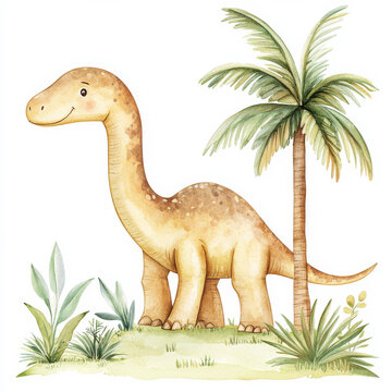 recommend clip art: A charming watercolor scene featuring a friendly brontosaurus grazing near palm trees and prehistoric plants. This hand-drawn dinosaur clipart, set against an isolated background, is ideal for