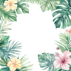 Naklejka premium A beautiful tropical frame of watercolor palm leaves, monstera, and hibiscus flowers, creating an elegant border. This isolated design is perfect for crafting sale posters, wedding invitations, or