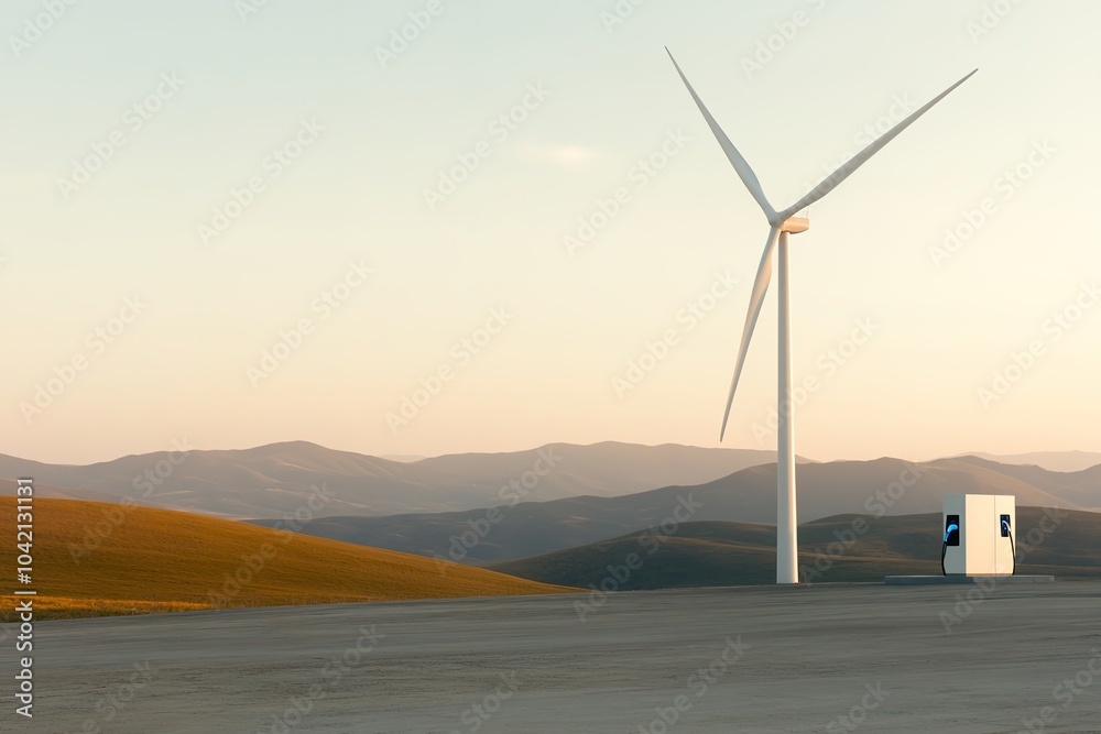 Wall mural minimalist landscape with wind turbine and subtle hills at dusk