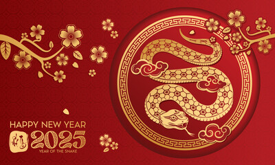 Lunar New Year themed paper graphic with oriental peach blossoms and 2025 snake (Translation : Happy new year )	