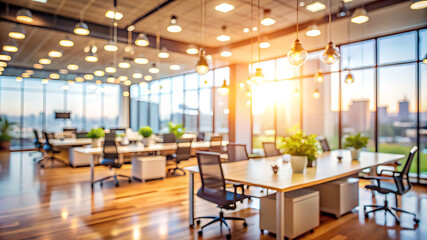 Beautiful blurred background of a light-filled modern office interior featuring panoramic windows and elegant lighting, creating a sleek and professional atmosphere.
