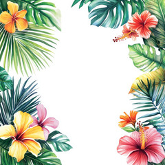 A vibrant tropical frame with lush watercolor palm leaves and colorful exotic flowers like hibiscus, surrounding the edges. Perfect for a sale poster, wedding card, or party invitation, the design