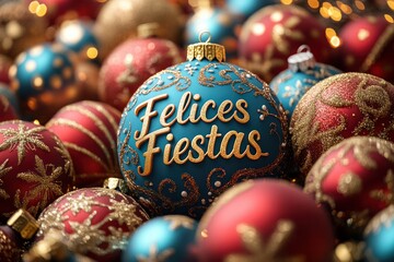 Festive Felices Fiestas Ornament Surrounded by Red and Gold Christmas Balls