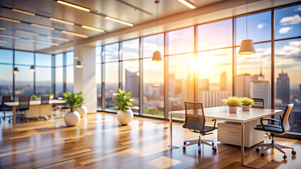 Beautiful blurred background of a light-filled modern office interior featuring panoramic windows and elegant lighting, creating a sleek and professional atmosphere.