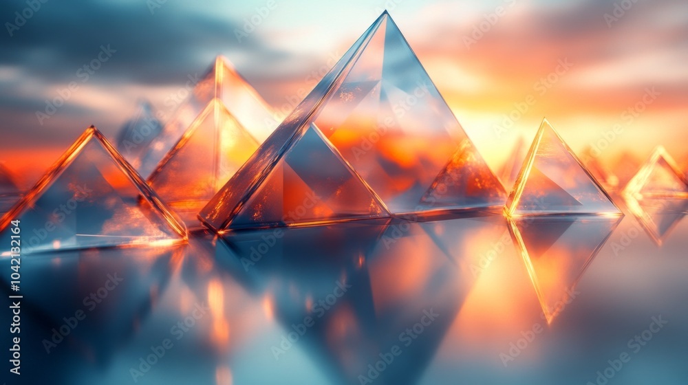 Poster shimmering glass pyramids rise above a serene lake, capturing the warm hues of a sunset as the sky t