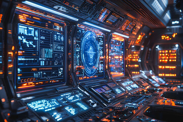 Fototapeta premium Futuristic control room filled with glowing digital displays and high-tech interfaces. 