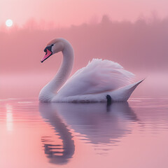 Fototapeta premium Graceful white swan gliding across a tranquil lake at sunset with a pink sky. 