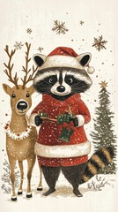 Fototapeta premium Front view of a raccoon, Christmas attire, guiding a reindeer through winter wonderland, retro line art, minimalist, exuding winter festivity and cheekiness, white canvas
