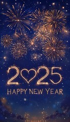 Stunning 2025 fireworks display against night sky, perfect for New Year celebration card, vertical wallpaper.