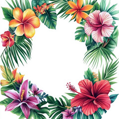 Obraz premium A lush tropical frame of watercolor palm leaves and vivid flowers such as heliconia and hibiscus, creating a bold border for a summer sale poster, wedding invitation, or party invite. The isolated