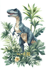 Obraz premium A hand-drawn watercolor illustration of a Tyrannosaurus rex standing majestically amid lush Jurassic-era plants. The ancient animal is isolated on a white background, ideal for an encyclopedia of