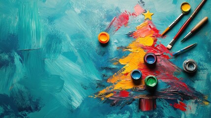 Christmas tree painted on a textured blue canvas, surrounded by jars of paint and artist brushes