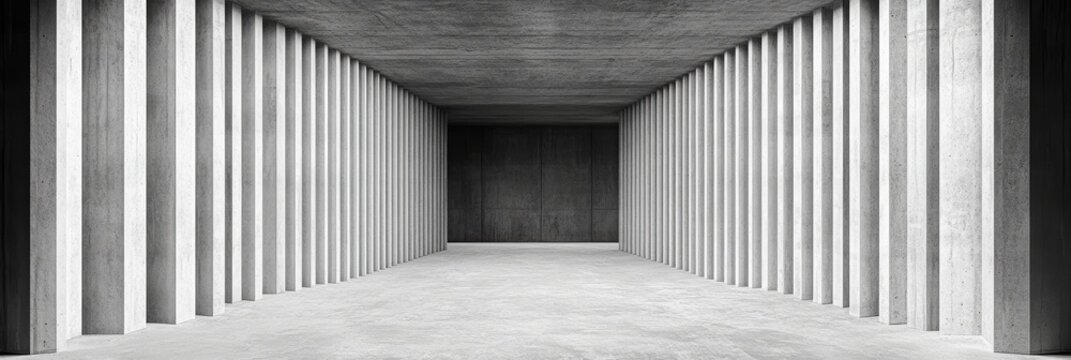コンクリートの柱が並ぶ現代的な建築空間の内部、都心での静寂な瞬間