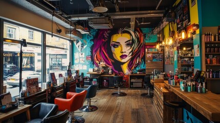 Stylish hair salon with a vibrant mural and modern decor for a trendy atmosphere.
