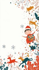 Fototapeta premium Dynamic worm's-eye view, child in quirky Santa outfit, reindeer ride in flat line art, vibrant wildness, cascading snowflakes, festive winterscape, minimalist white backdrop