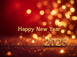 Naklejka premium Happy new year 2025 banner with vintage style defocused red glitter bokeh lights, red and gold christmas background