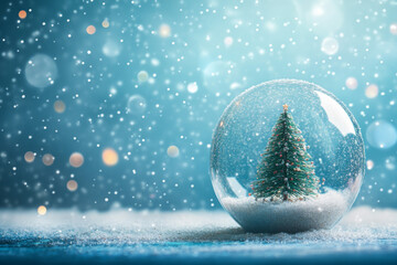 snow globe featuring a miniature Christmas tree amidst falling snow and sparkling lights