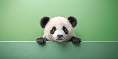 Fototapeta premium Cute pastel panda peeking over green wall with pink background