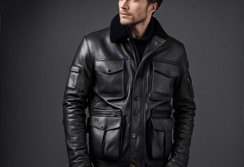 Obraz premium Rough and Tough Black Leather Winter Jacket with Cargo Style