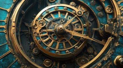 Obraz premium Close-up of an intricate clock face with gold gears and turquoise accents.