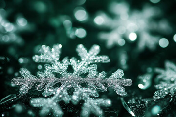 close-up of shimmering snowflakes on a dark background