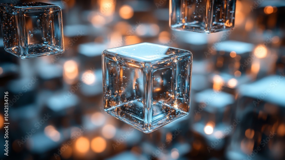 Poster Translucent glass cubes hover in mid-air, reflecting warm lights and creating a captivating ambiance. The interplay of transparency and glow adds depth to the installation.