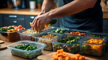Obraz premium A lifestyle shot of a man enjoying a homemade meal prep with containers filled with nutritious and portioned meals. Generative AI
