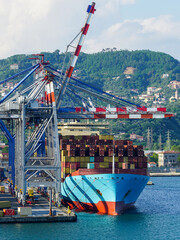 Large, high fully loaded container ship at the port container terminal with many high cranes