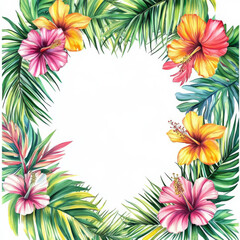 A vibrant tropical frame with lush watercolor palm leaves and colorful exotic flowers like hibiscus, surrounding the edges. Perfect for a sale poster, wedding card, or party invitation, the design