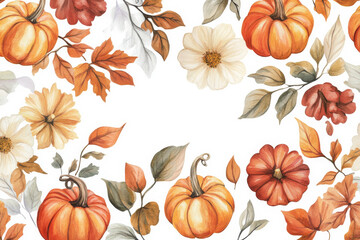 An enchanting watercolor depiction of assorted pumpkins, blooming flowers, and leafy foliage, artistically arranged on a clean white background. This festive illustration captures the essence of