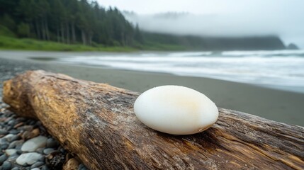 Serene Beach Scene with Isolated White Egg on Driftwood