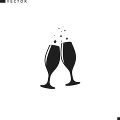 Champagne vector icon.  Two glasses of champagne with bubbles silhouette © Aleksei_7799