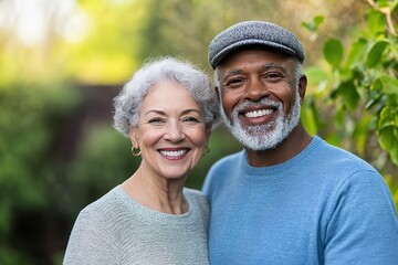 Obraz premium Smiling senior couple embracing in sunny garden