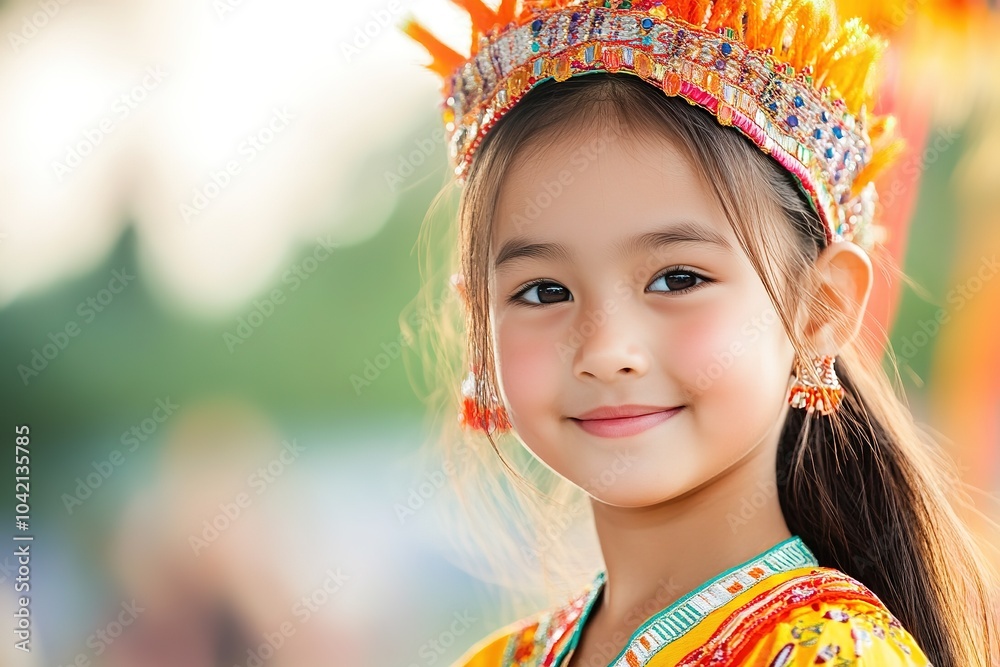 Wall mural brightly dressed girl with ornate headdress, warm smile