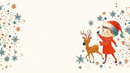 Fototapeta premium A whimsical child in a Santa hat and reindeer in motion, snowflakes swirl in retro line art, playful Christmas spirit, pure white background, vibrant energy and holiday cheer