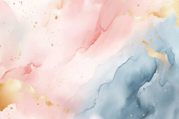 abstract watercolor design featuring soft pink and blue hues intertwined with shimmering gold