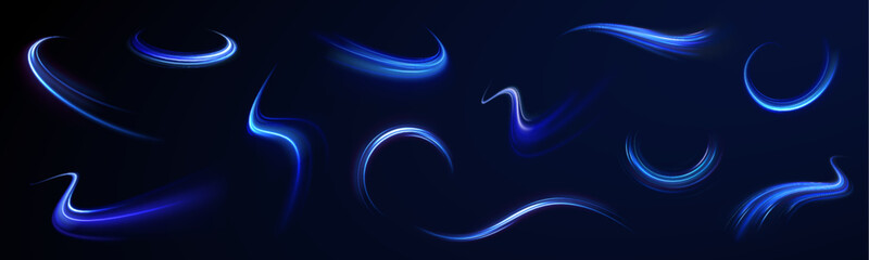 Blue glowing shiny lines effect vector background. Luminous white lines of speed. Light glowing effect. Light trail wave, fire path trace line and incandescence curve twirl.
