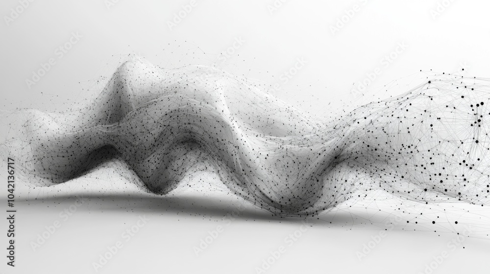 Leinwandbilder This artwork features a dynamic, flowing wave of texture, intertwined with numerous scattered particles, conveying a sense of movement and depth in a stark monochromatic palette.