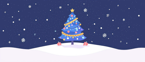 A colorful Christmas tree adorned with lights and decorations, set against a snowy background and starry night sky.