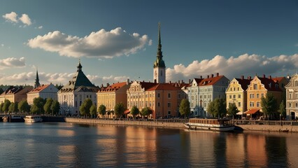 Fototapeta premium Scenic view of an old European city with river, historic architecture, and greenery