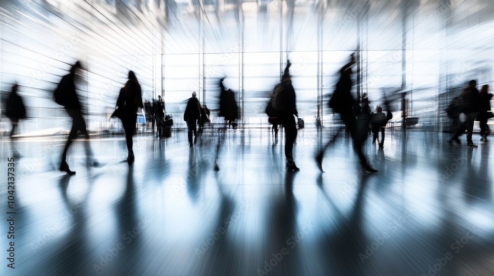 Poster travelers rushing through a modern airport terminal, conveying urgency and purpose in a fast paced, 
