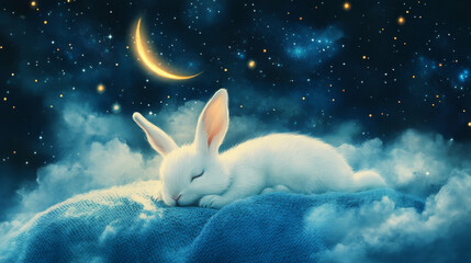 A charming depiction of a fluffy white bunny napping on a cozy blue blanket, surrounded by a tranquil night sky filled with twinkling stars and a shining crescent moon. The gentle light casts a serene