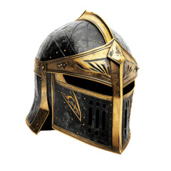A detailed medieval knight helmet with intricate designs, isolated on a white background.