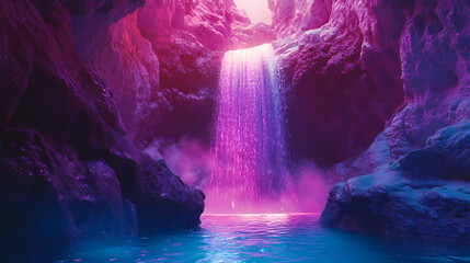 A vibrant, cinematic magic waterfall cascades down a luminous, iridescent rockface. Iridescent Lake. Illustration
