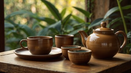 Fototapeta premium This image showcases a cozy, rustic tea set on a wooden table, featuring a ceramic teapot and matching cups in a warm brown tone. The peaceful outdoor setting, surrounded by greenery, creates a calmin