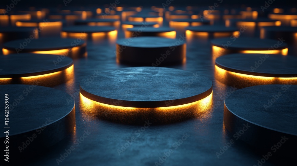 Poster A series of circular platforms with glowing edges arranged in a captivating layout on a dark surface, creating a dynamic and atmospheric effect at night.